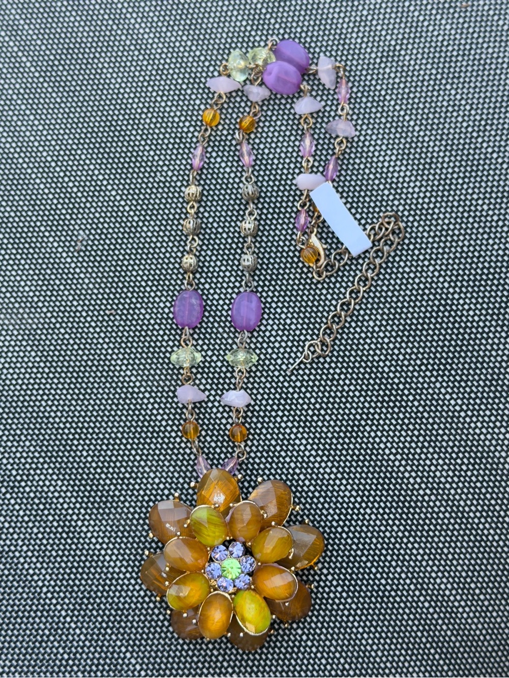 Floral Statement Pendant Necklace - Purple & Amber Beads